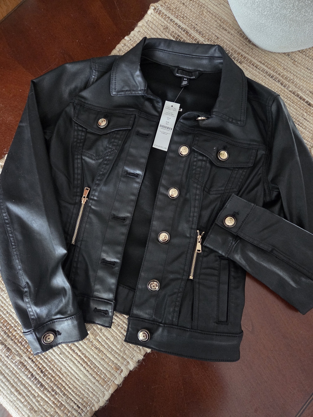 NWTWhite House Black Market Women's Black Coated Denim Jacket with Gold Hardware